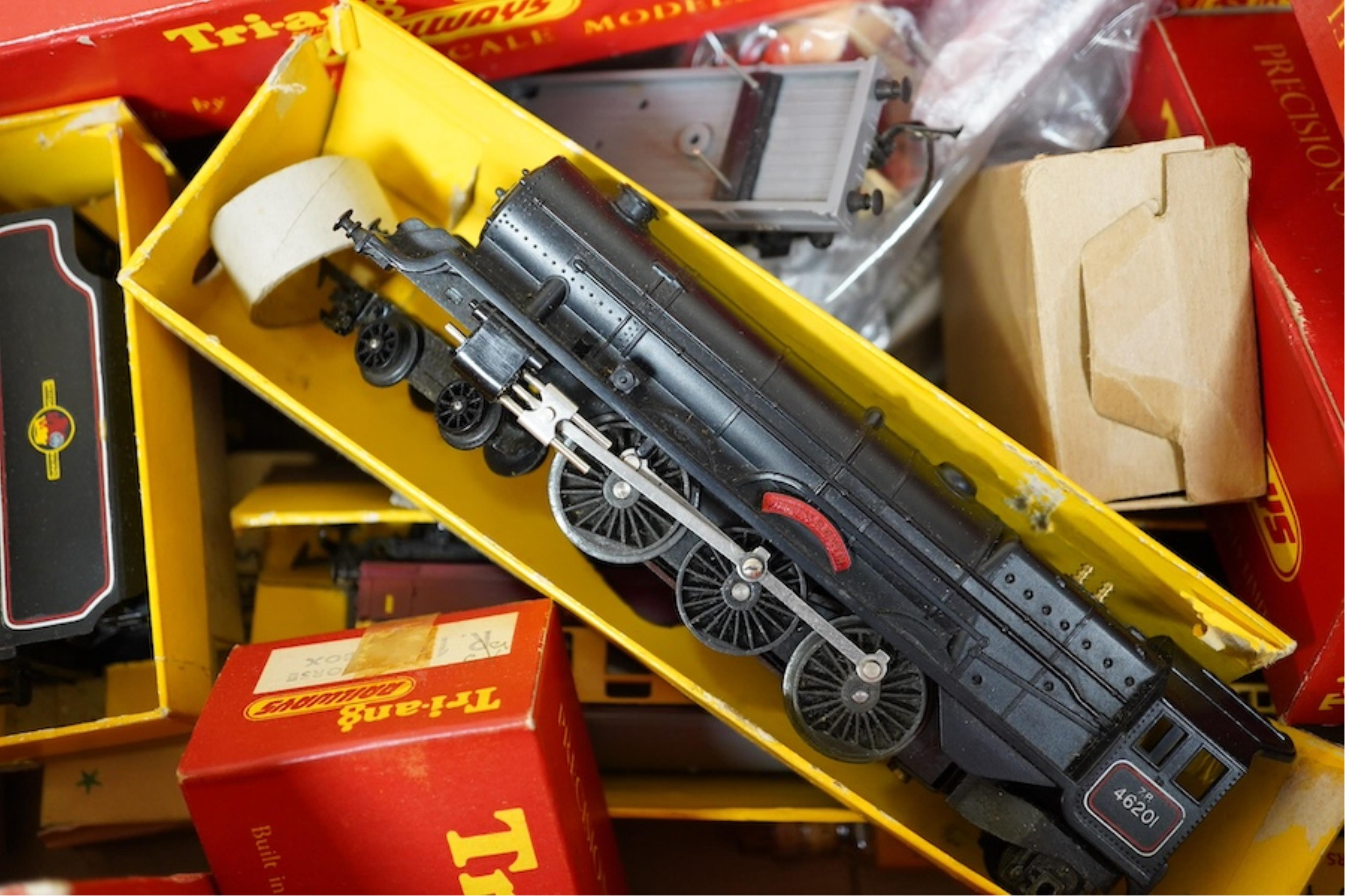 A quantity of mainly boxed Tri-ang 00 gauge railway items including; a BR Princess Royal Class locomotive, freight wagons, ticket office, etc. together with some trackside accessories and figures, etc., in Merit boxes. C